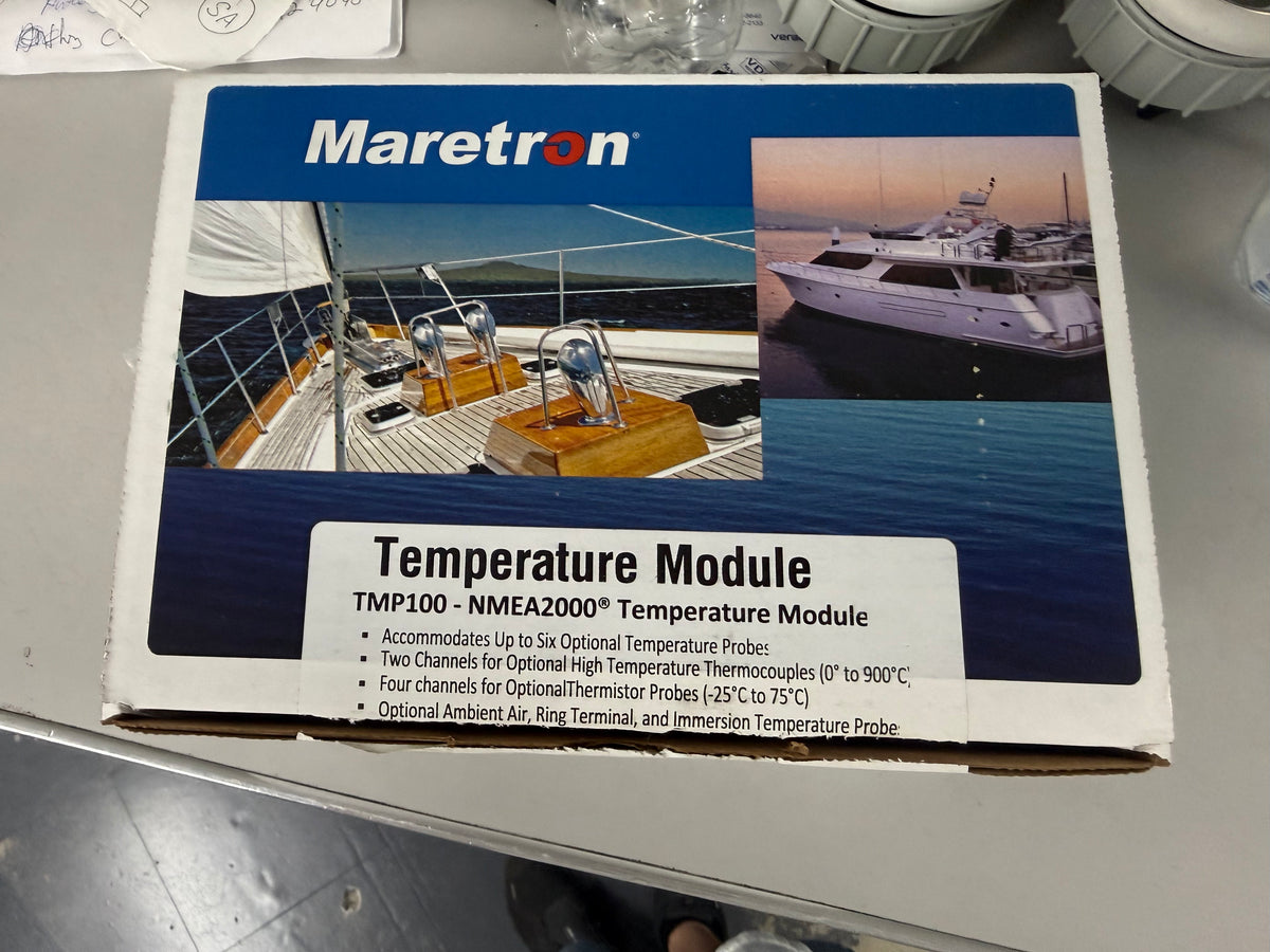 Maretron TMP100 Temperature Module specialized marine monitoring device designed to measure data from up to six external temperature probes and broadcast it simultaneously over an NMEA 2000 network