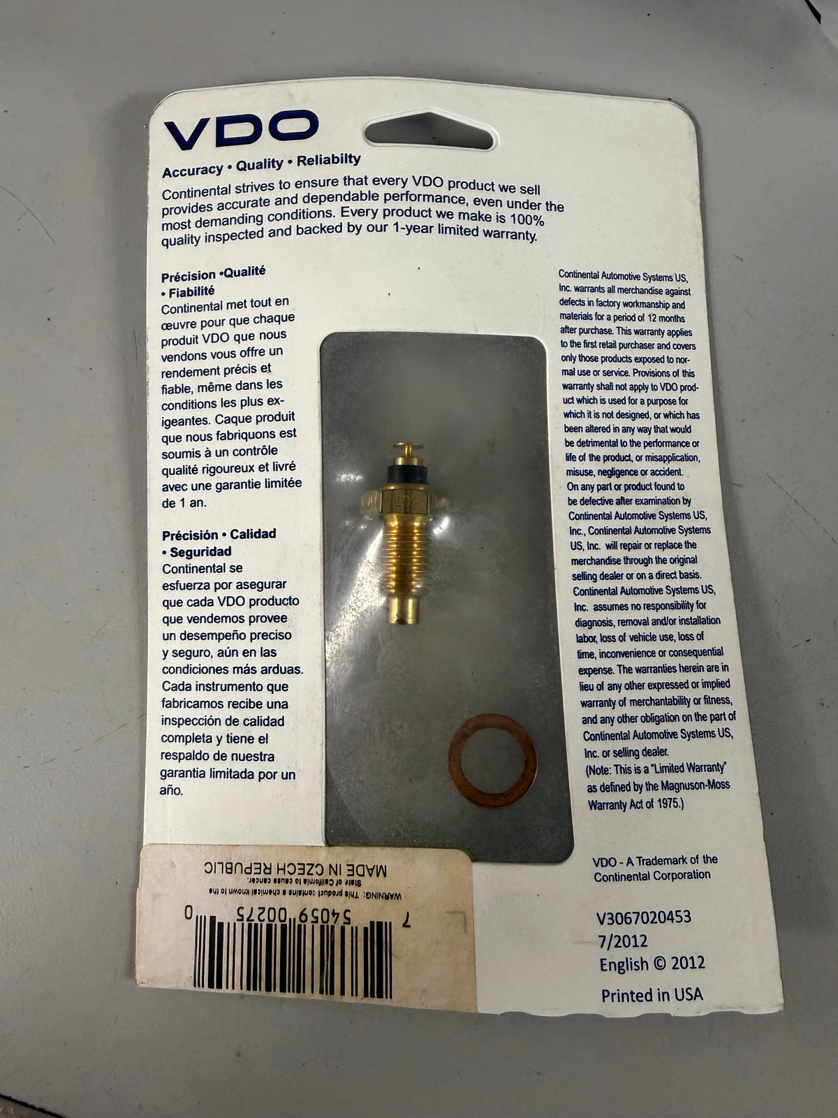 VDO 323-092 single-station electrical fluid temperature sending unit