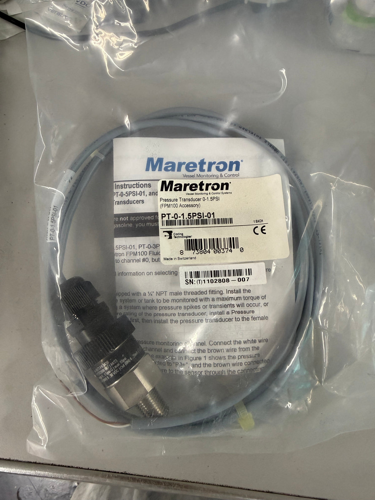 Maretron PT-0-1.5PSI-01 0 to 1.5 PSI fluid pressure transducer designed to work with the Maretron FPM100 Fluid Pressure Monitor on an NMEA 2000 network