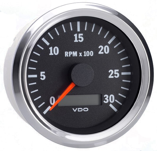 Vision Chrome 3,000 RPM 3 3/8" Tachometer with Hourmeter, 12/24V - 333-192